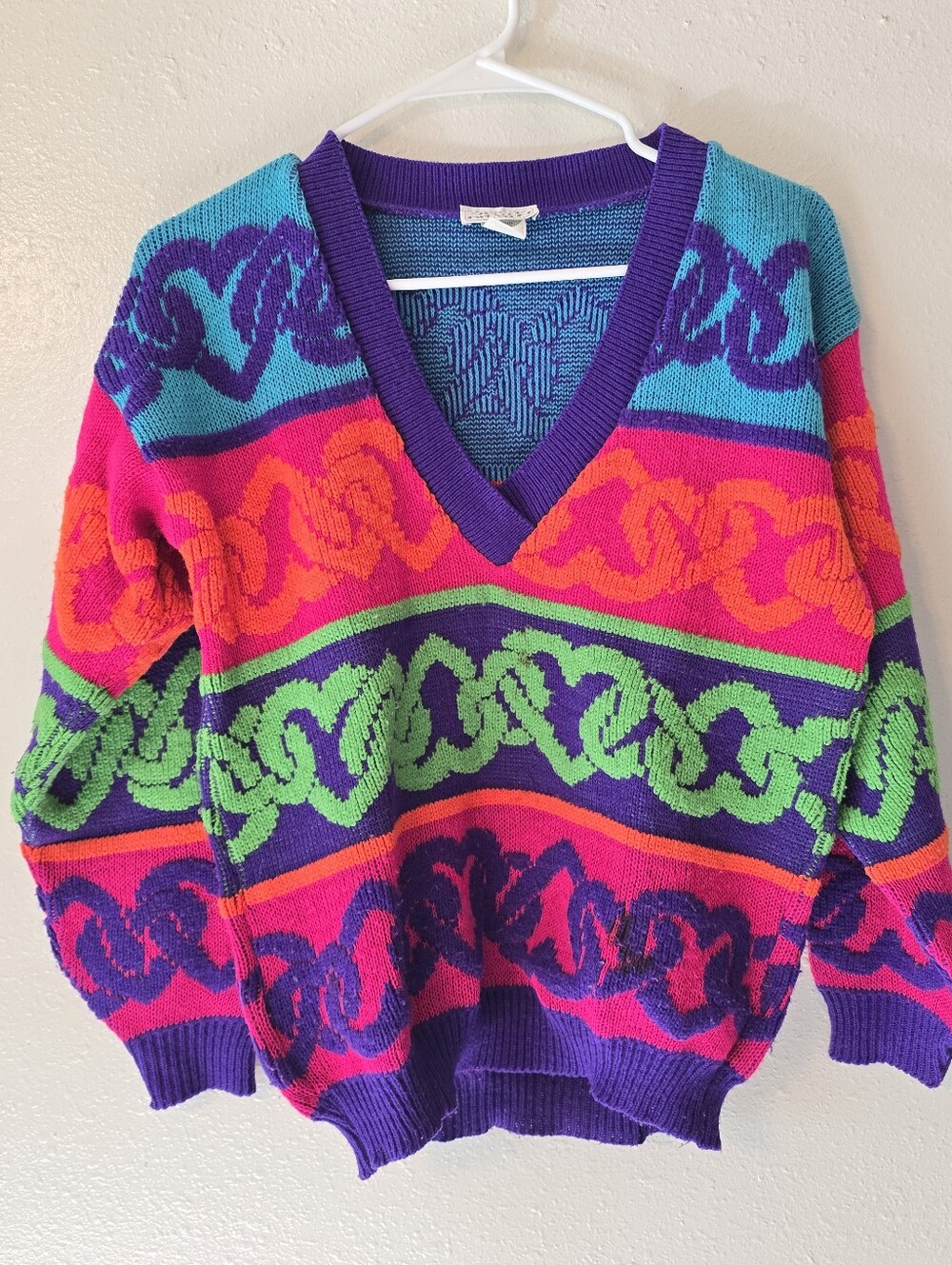 Vintage 80s Jet Set Sweaters Neon Heart Colorblock V-Neck Knit Jumper Size L